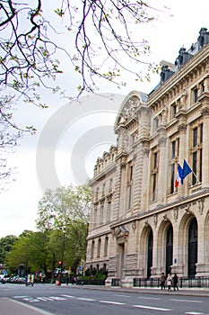 Facade of the new Sorbonne University building with the flags of France and European Union